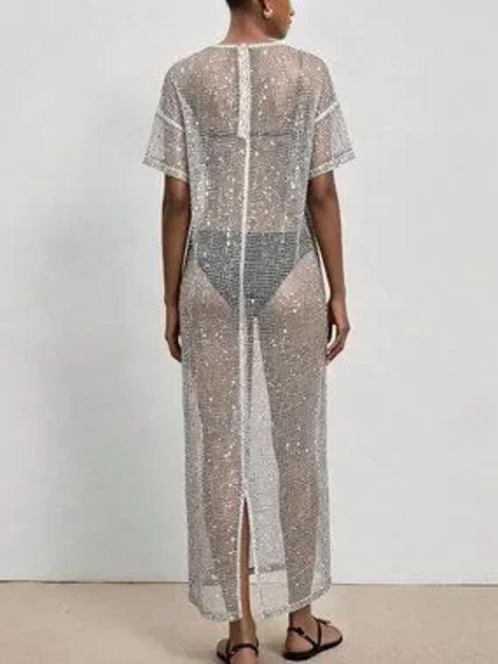 ZARA White Sheer Sequin Women's Maxi Dress Split Hem, Mid?Sleeve & Button Detail